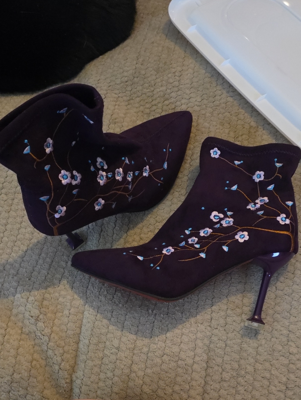 Purple Embroidered Pointed-Toe Ankle Boots